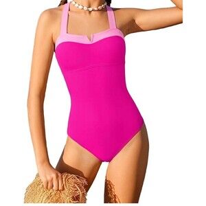 Sexy Women Tummy Control Halter Retro One Piece Swimsuit Bathing Suit Pink Large